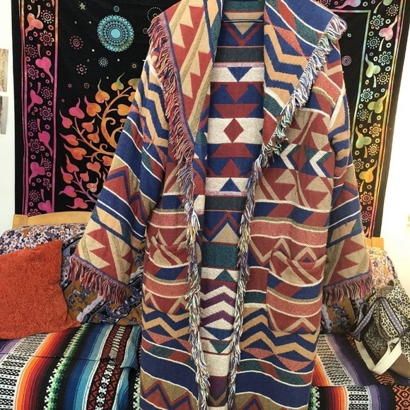 VINTAGE Maxi Aztec Blanket Sweater Coat - Picture 2 of 12
